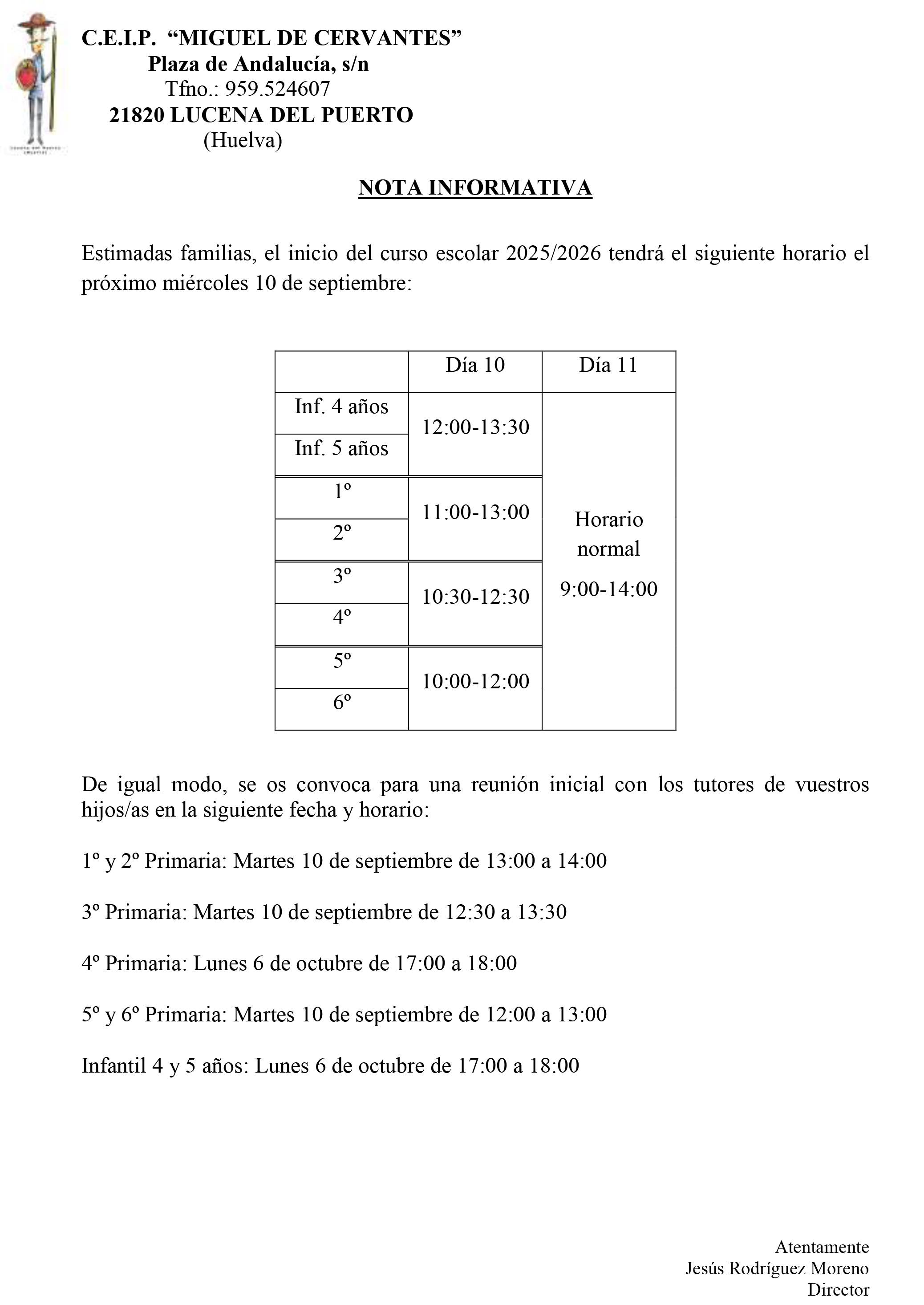 nota informativa inicio del curso 25-26